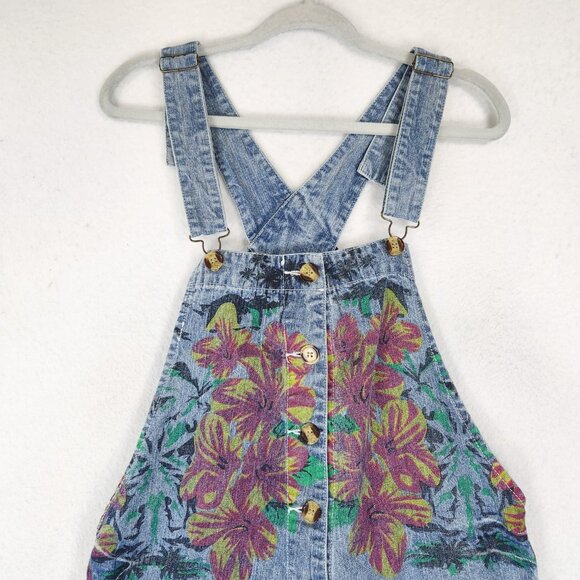 Monthorigin Overalls Womens Large Blue Floral Print Bibs Denim Distressed Casual - Picture 2 of 14